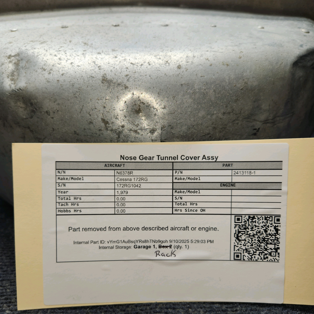 Used aircraft parts for sale, 2413118-1 Cessna 172RG Nose Gear Tunnel Cover Assy