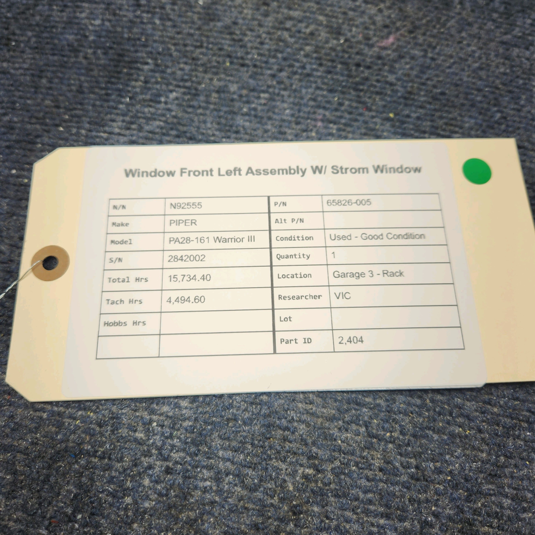 Used aircraft parts for sale, 65826-005 PIPER PA28-161 Warrior III WINDOW FRONT LEFT ASSEMBLY W/ STROM WINDOW