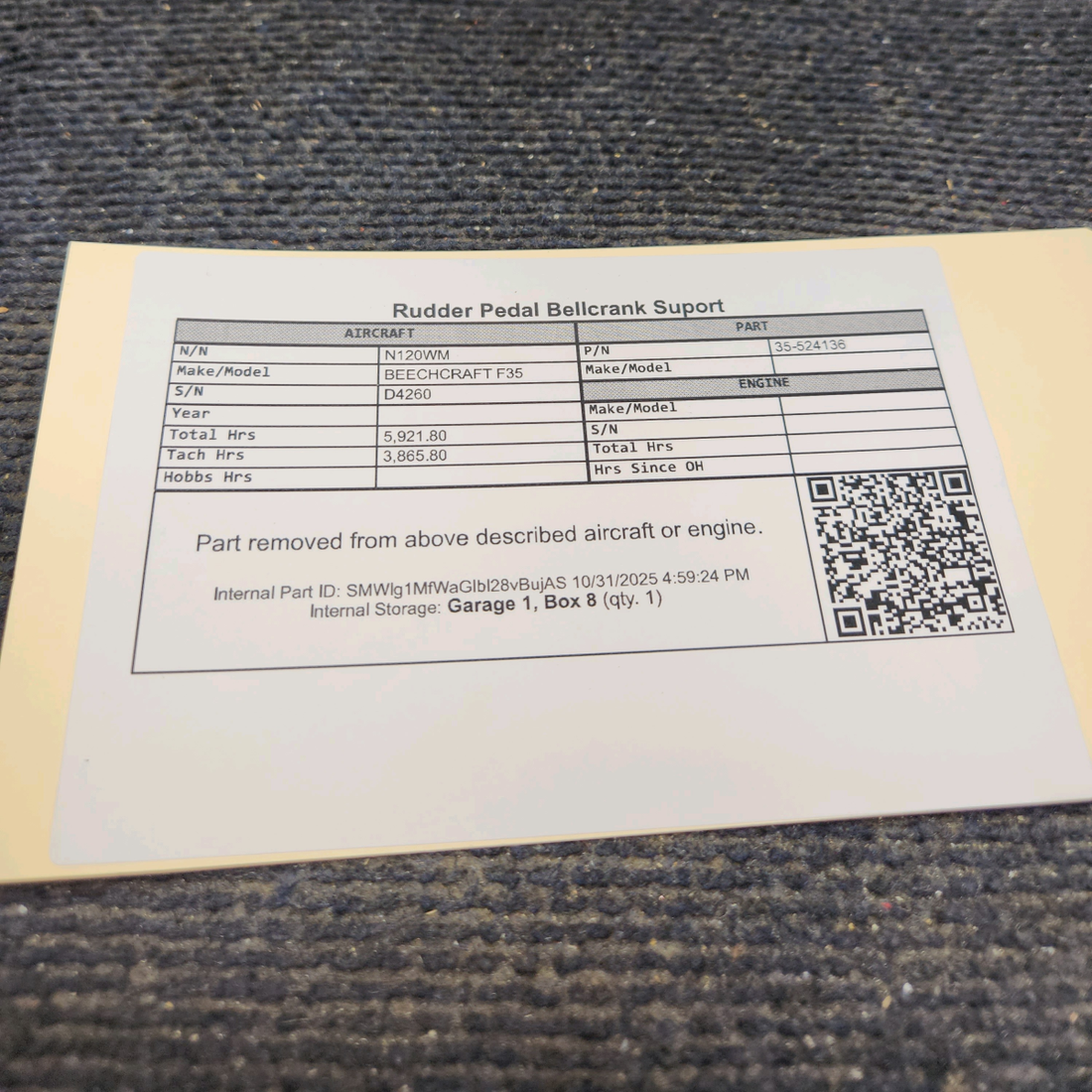 Used aircraft parts for sale, 35-524136 BEECHCRAFT F35 Rudder Pedal Bellcrank Support