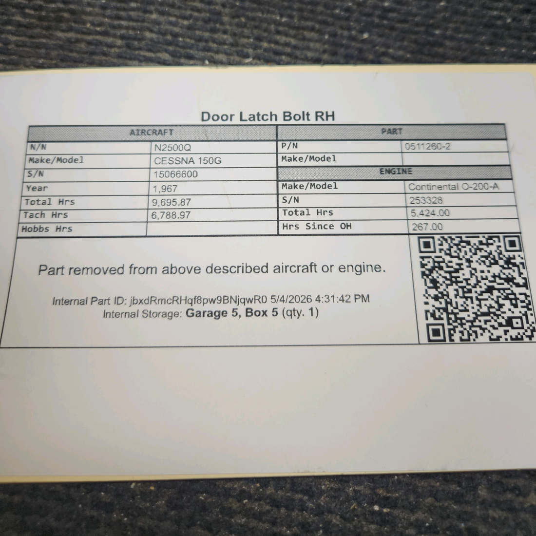Used aircraft parts for sale, 0511260-2 cessna 150G Door Latch Bolt – RH