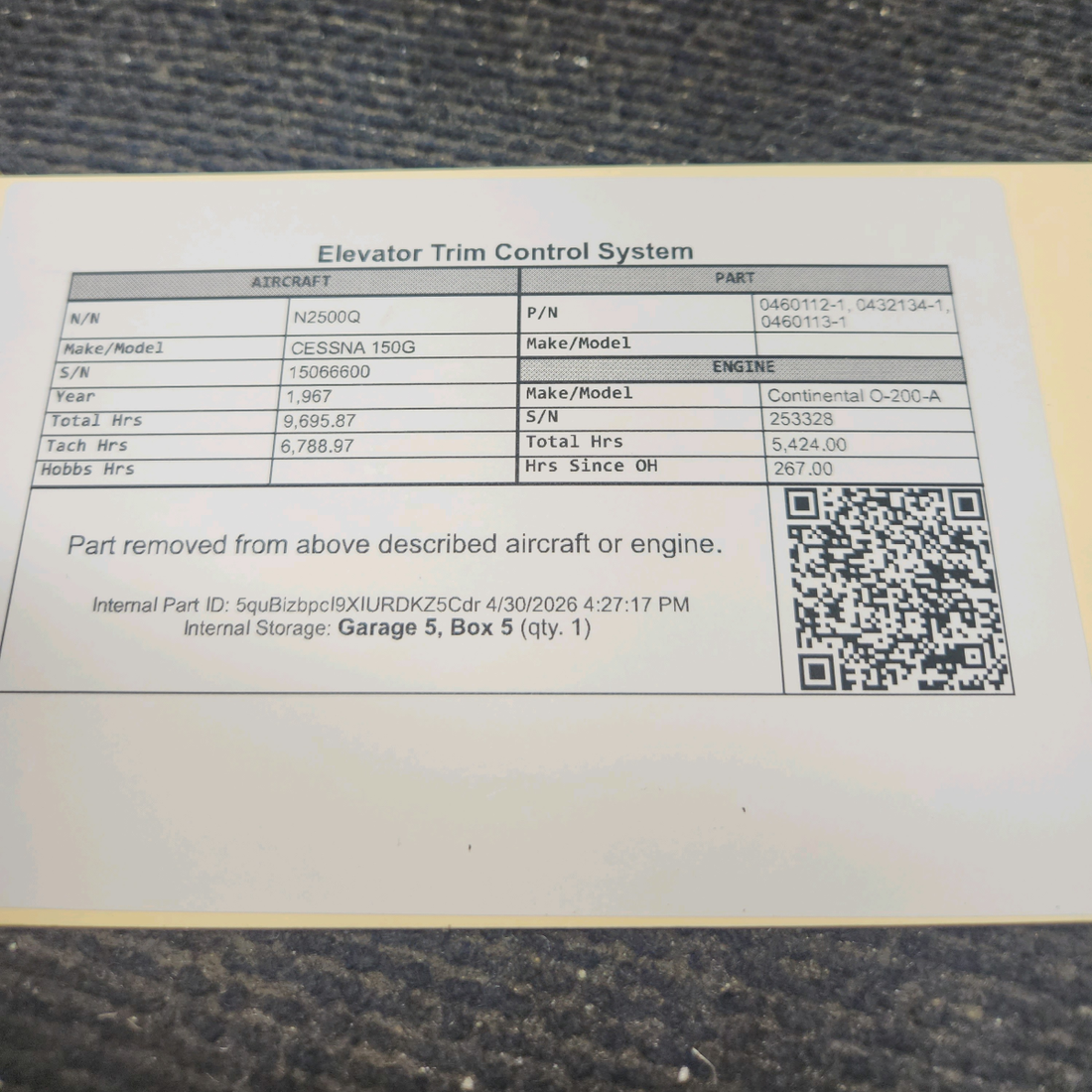 Used aircraft parts for sale, 0460112-1, 0432134-1, 0460113-1 cessna 150G Elevator Trim Control System