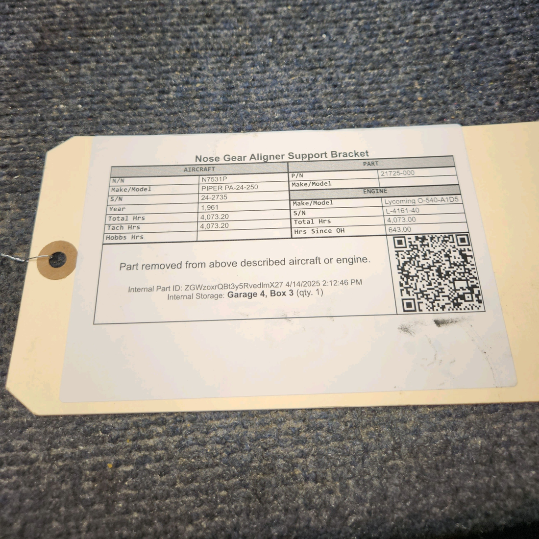 Used aircraft parts for sale, 21725-000 PIPER PA-24-250 Nose Gear Aligner Support Bracket