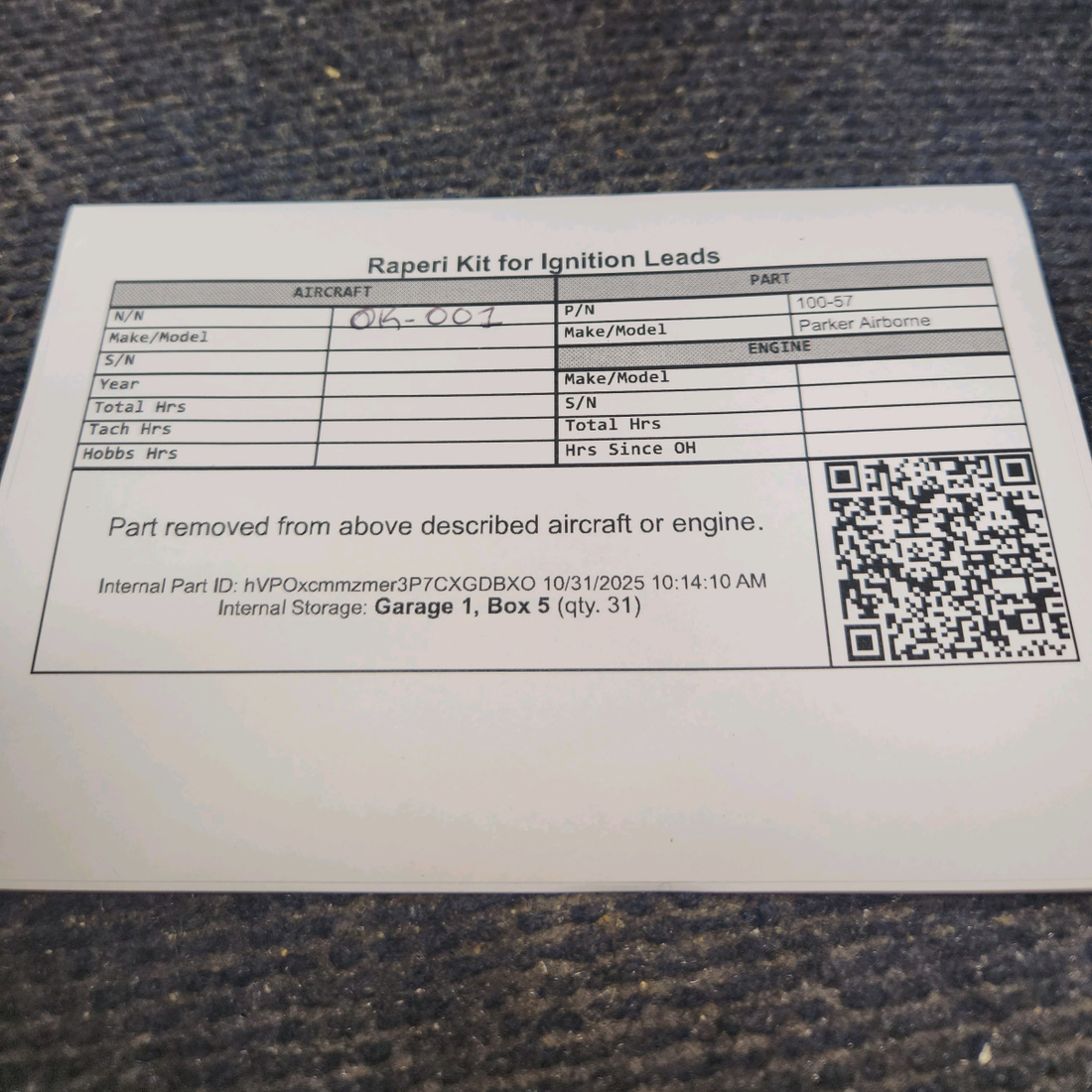 Used aircraft parts for sale, 100-57 Parker Airborne 100 Series Continental, Lycoming Rapier Kit for Ignition Leads