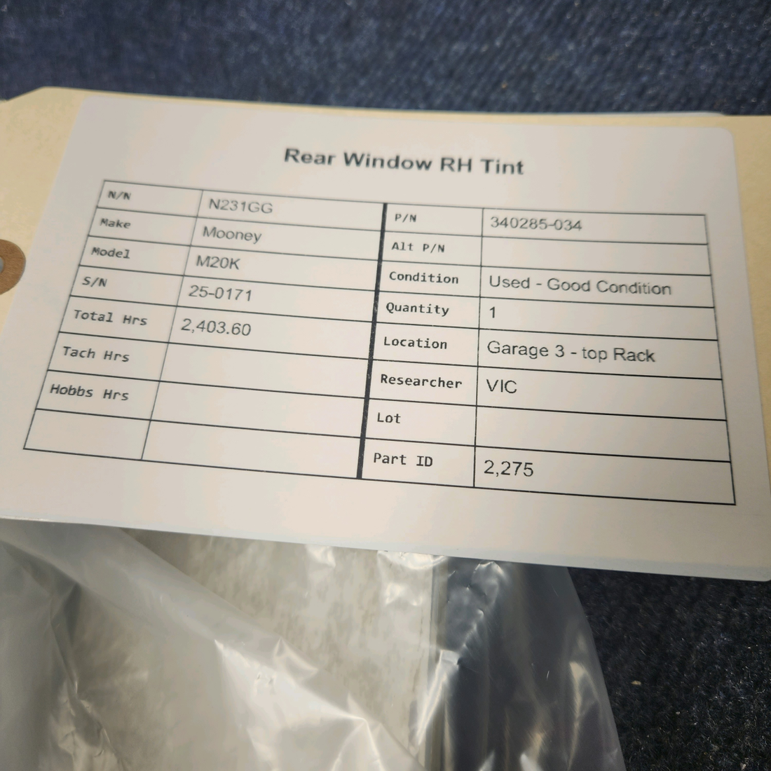Used aircraft parts for sale, 340285-034 Mooney M20K REAR WINDOW RH TINT