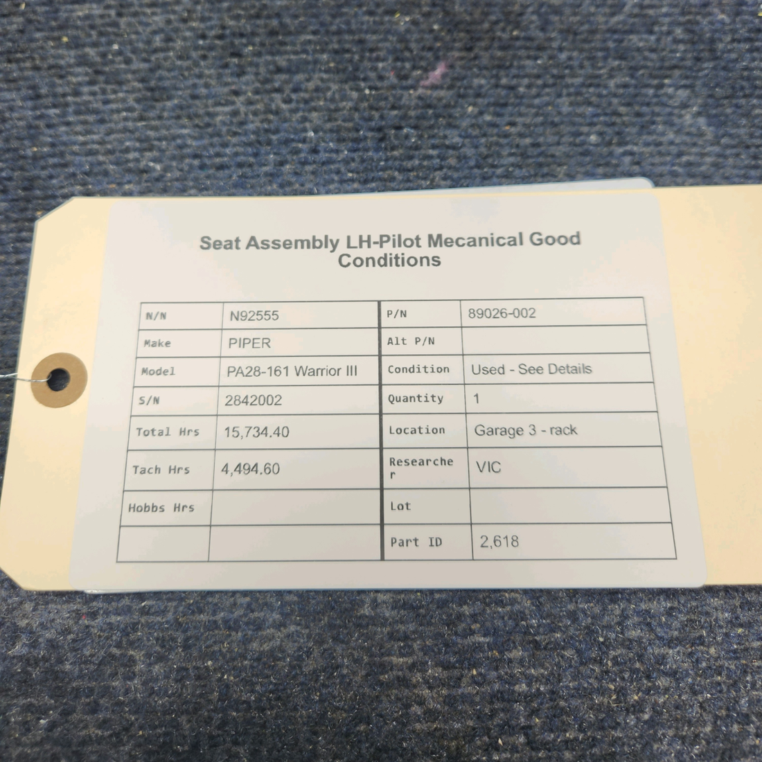 Used aircraft parts for sale, 89026-002 PIPER PA28-161 Warrior III SEAT ASSY LH-PILOT   MECHANICAL GOOD CONDITIONS