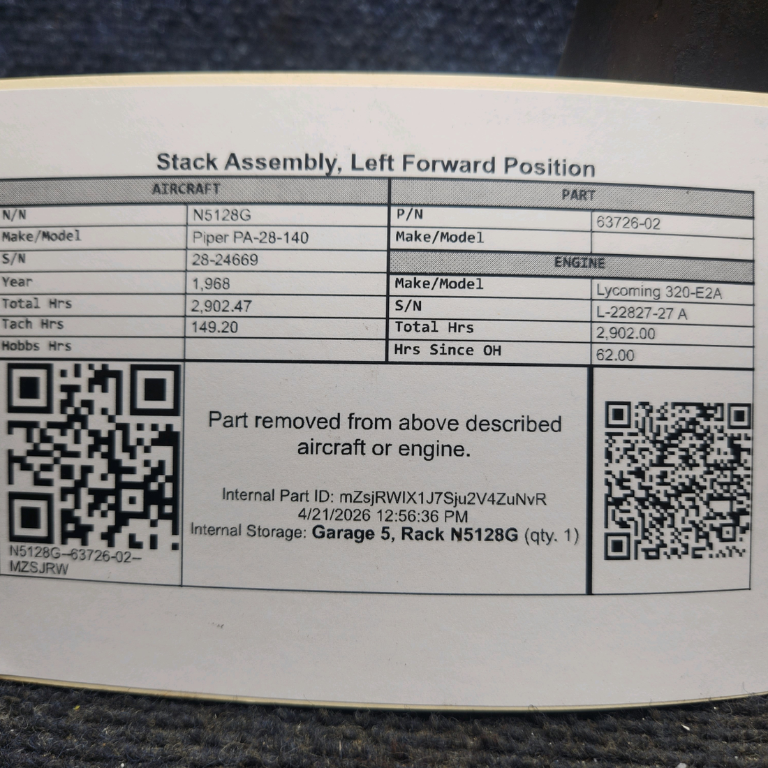 Used aircraft parts for sale, 63726-02 Piper PA-28-140 Stack Assembly, Left Forward Position