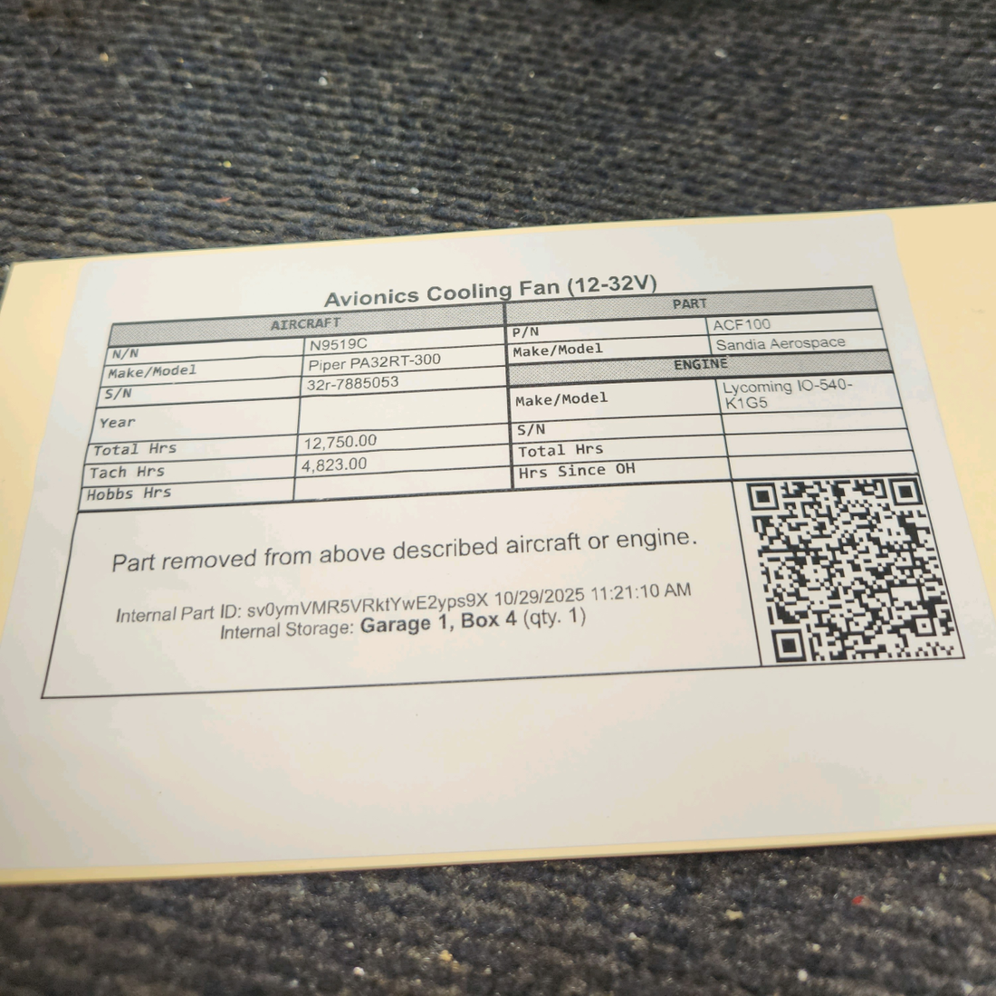 Used aircraft parts for sale, ACF100 Sandia Aerospace Piper PA32RT-300 Avionics Cooling Fan (12-32V)