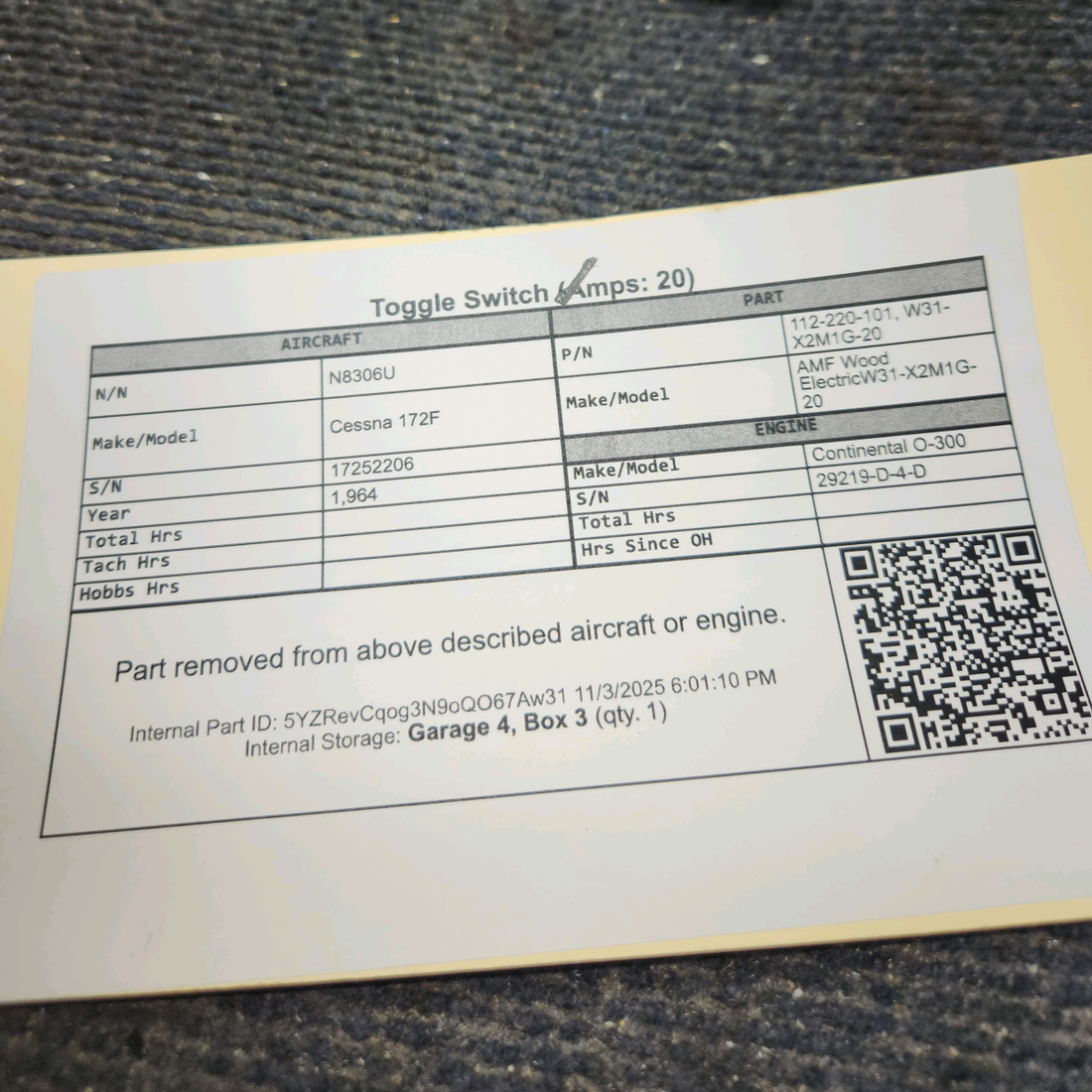 Used aircraft parts for sale, 112-220-101 AMF Wood Electric W31-X2M1G-20 Cessna 172F Toggle Switch (Amps: 20)