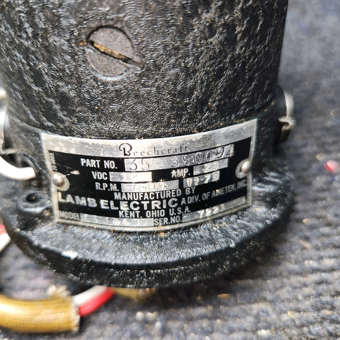 Used aircraft parts for sale, 35-380094-3 Lamb Electric BEECHCRAFT F35 Landing Gear Retract Motor (12v)