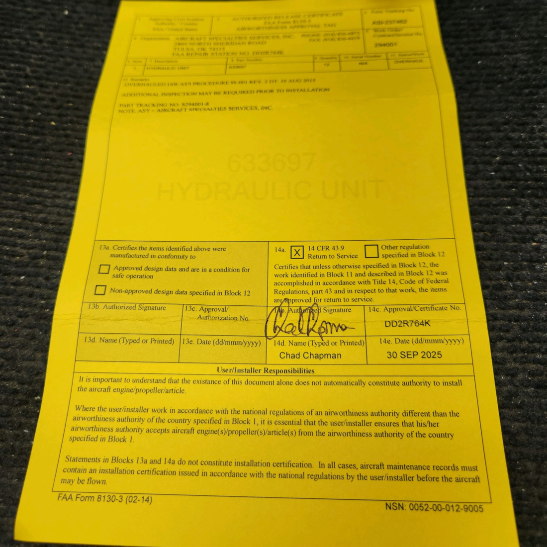 Used aircraft parts for sale, 633697 Continental O-300D Cessna 172F Hydraulic Unit