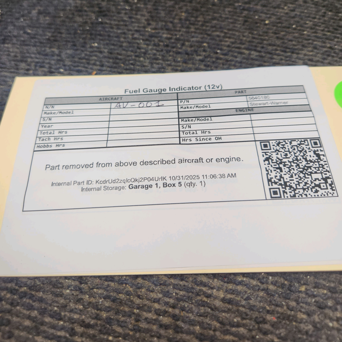 Used aircraft parts for sale, 5640180 Stewart-Warner Bellanca 17-30 Fuel Gauge Indicator (12v)