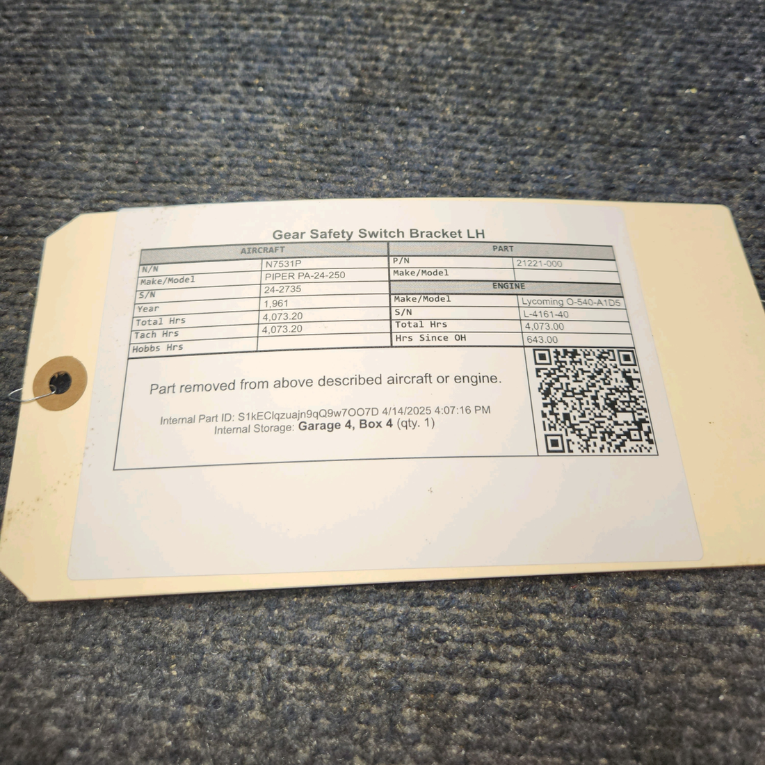 Used aircraft parts for sale, 21221-000 PIPER PA-24-250 Gear Safety Switch Bracket LH