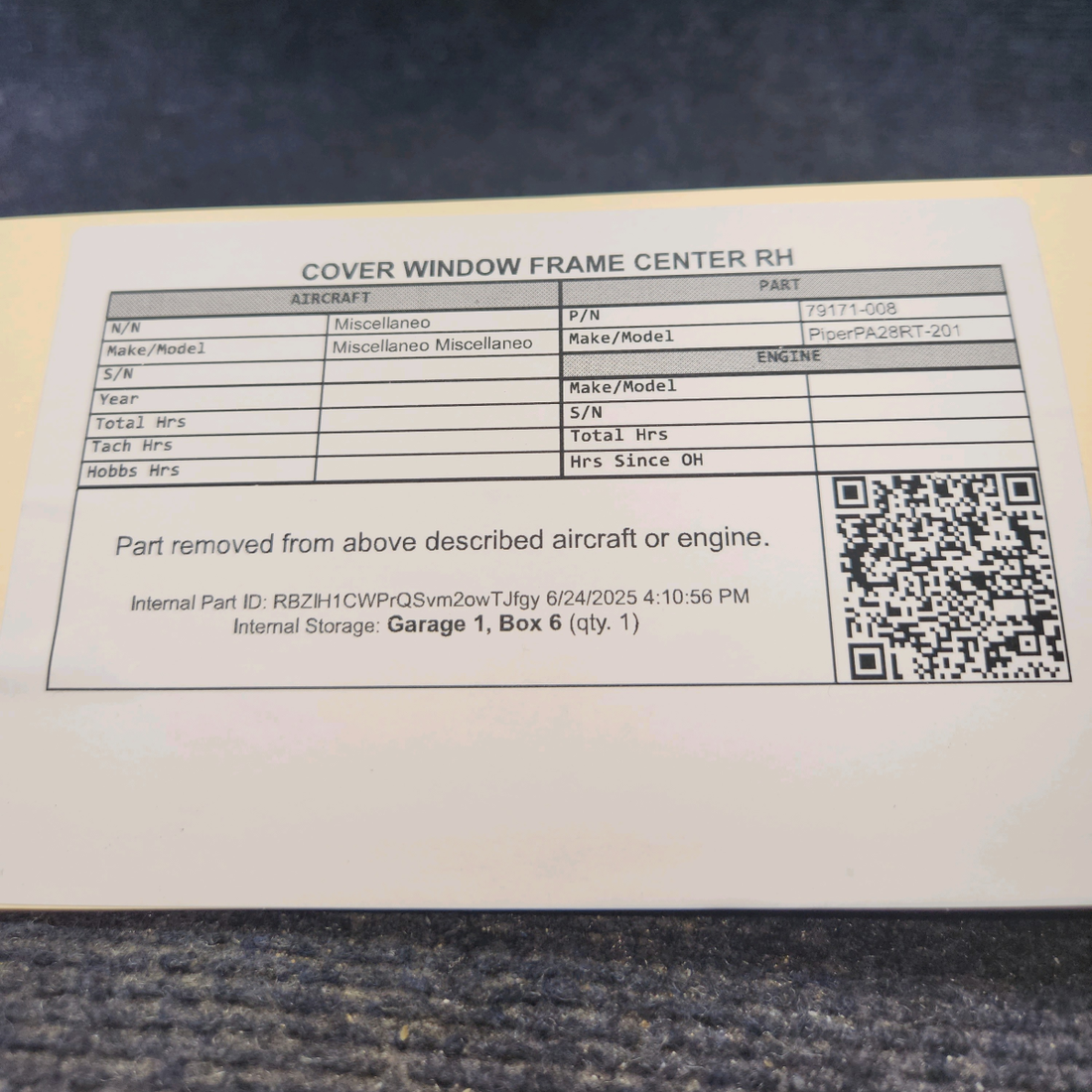 Used aircraft parts for sale, 79171-008 Piper PA28RT-201 Window Frame Center Right