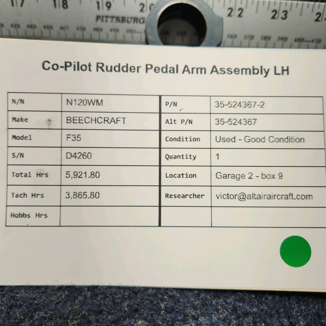 Used aircraft parts for sale, 35-524367-2 BEECHCRAFT F35 CO-PILOT RUDDER PEDAL ARM ASSEMBLY LH