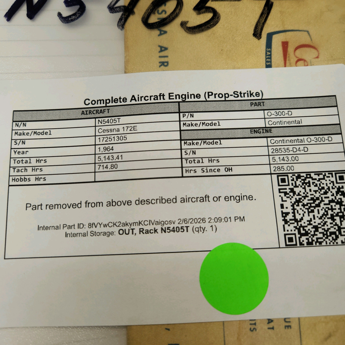 Used aircraft parts for sale, O-300-D Continental O-300-D Cessna 172E Aircraft Engine (Prop-Strike) 285OH