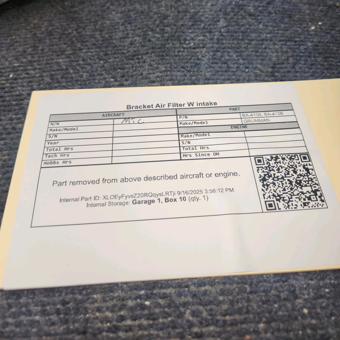 Used aircraft parts for sale, BA-4106 GRUMMAN Air Filter Intake Bracket Assembly