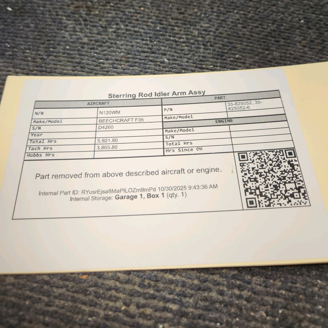 Used aircraft parts for sale, 35-825052 BEECHCRAFT F35 Steering Rod Idler Arm Assembly