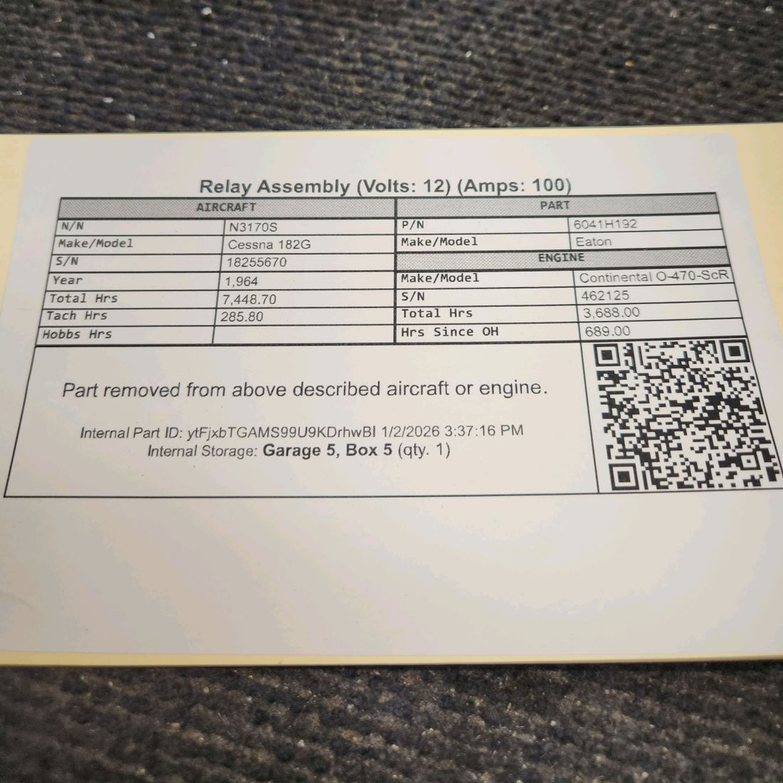 Used aircraft parts for sale, 6041H192 Eaton Cessna 182G Relay Assembly (Volts: 12) (Amps: 100)