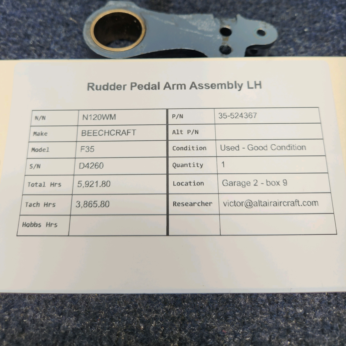 Used aircraft parts for sale, 35-524367 BEECHCRAFT F35 RUDDER PEDAL ARM ASSEMBLY LH