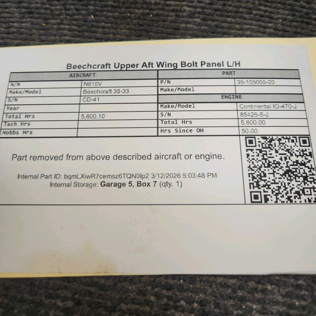 Used aircraft parts for sale, 35-105005-20 Beechcraft 35-33 Upper Aft Wing Bolt Panel