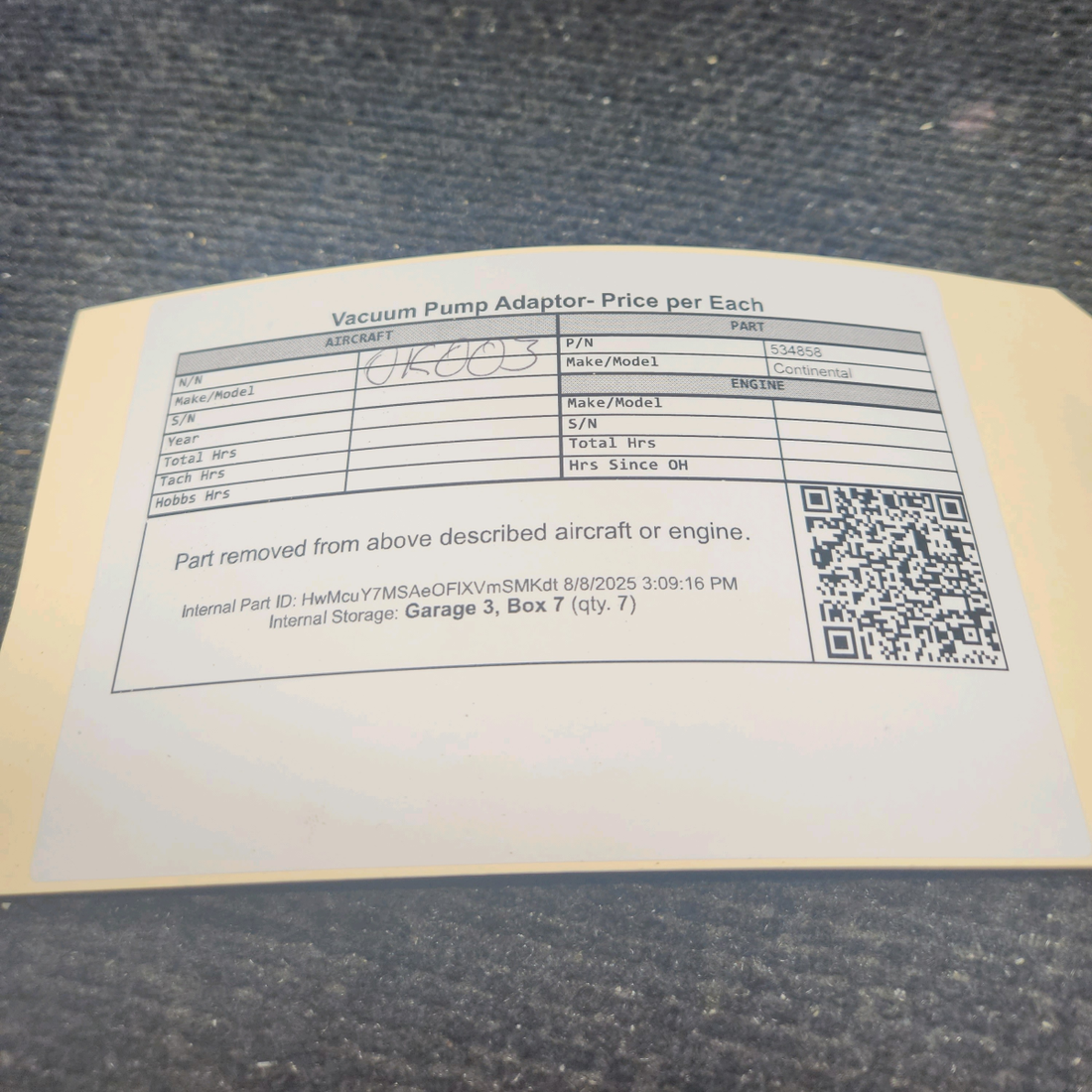 Used aircraft parts for sale, 534858 Continental Vacuum Pump Adaptor- Price per Each