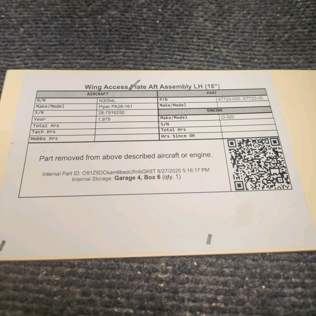 Used aircraft parts for sale, 67723-000 Piper PA28-161 Wing Access Plate Aft Assembly LH (16")
