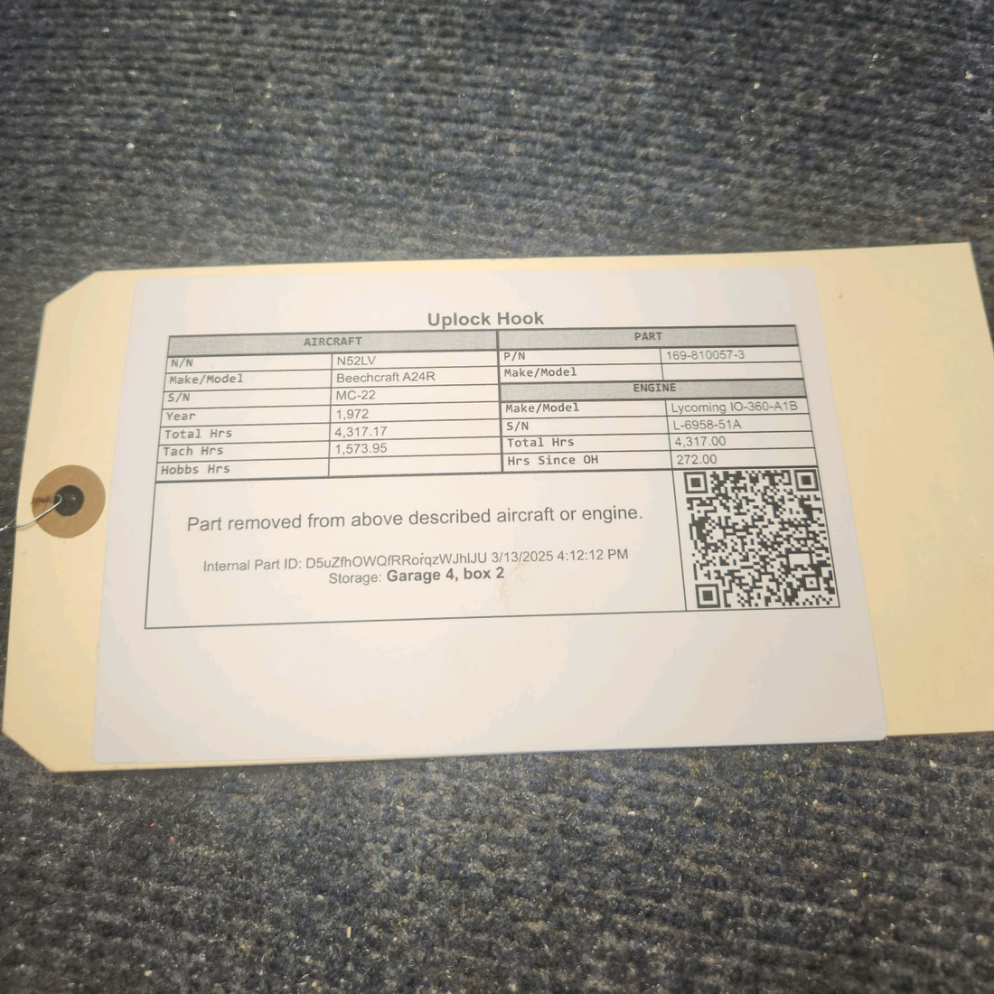 Used aircraft parts for sale, 169-810057-3 Beechcraft A24R Uplock Hook