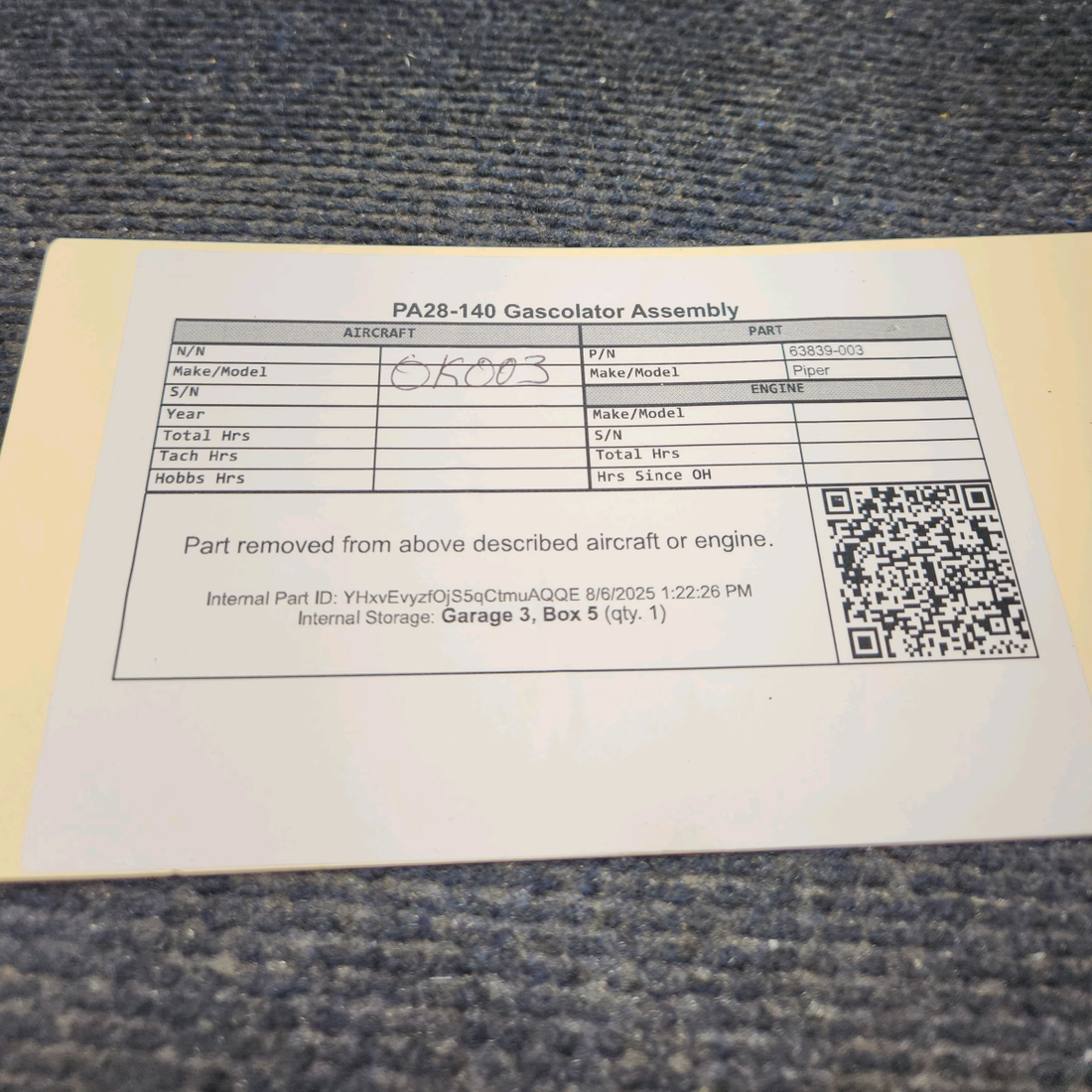 Used aircraft parts for sale, 63839-003 Piper Gascolator Assembly