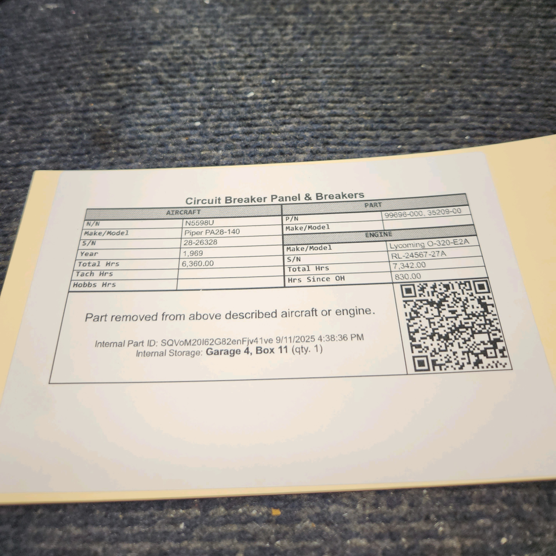 Used aircraft parts for sale, 99696-000 Piper PA28-140 Circuit Breaker Panel with Breakers