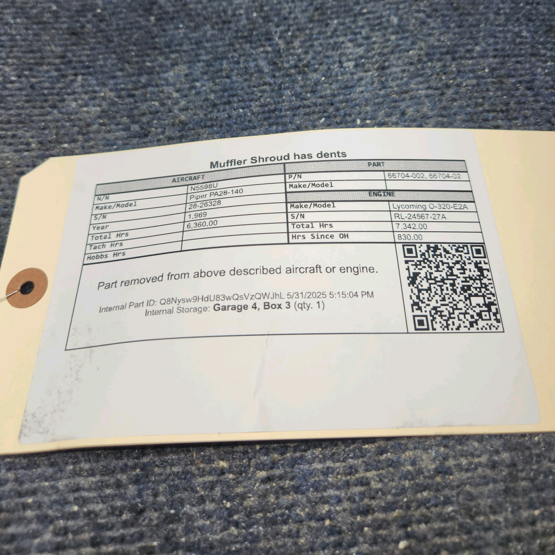 Used aircraft parts for sale, 66704-002 Piper PA28-140 Muffler Shroud- Has dents