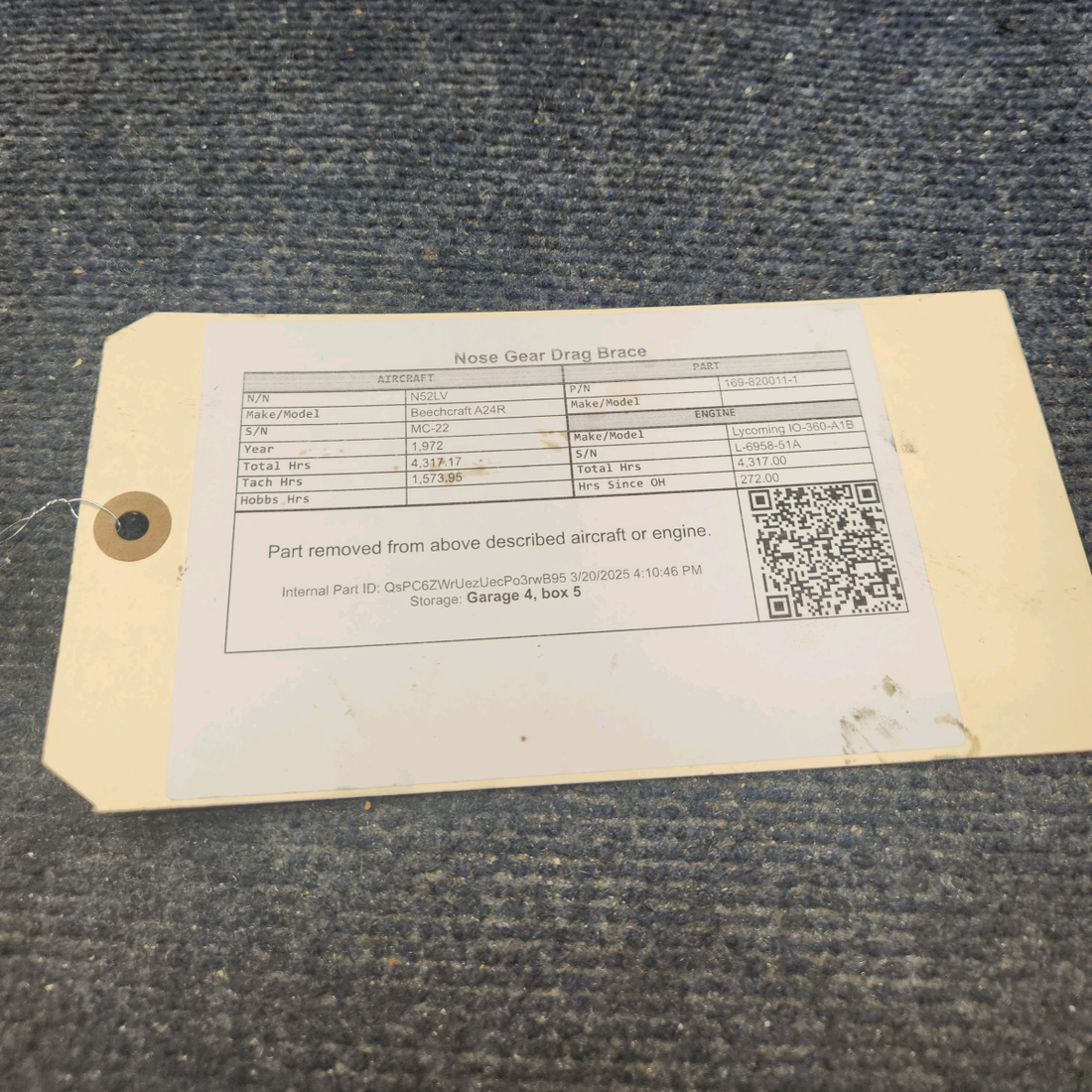 Used aircraft parts for sale, 169-820011-1 Beechcraft A24R Nose Gear Drag Brace