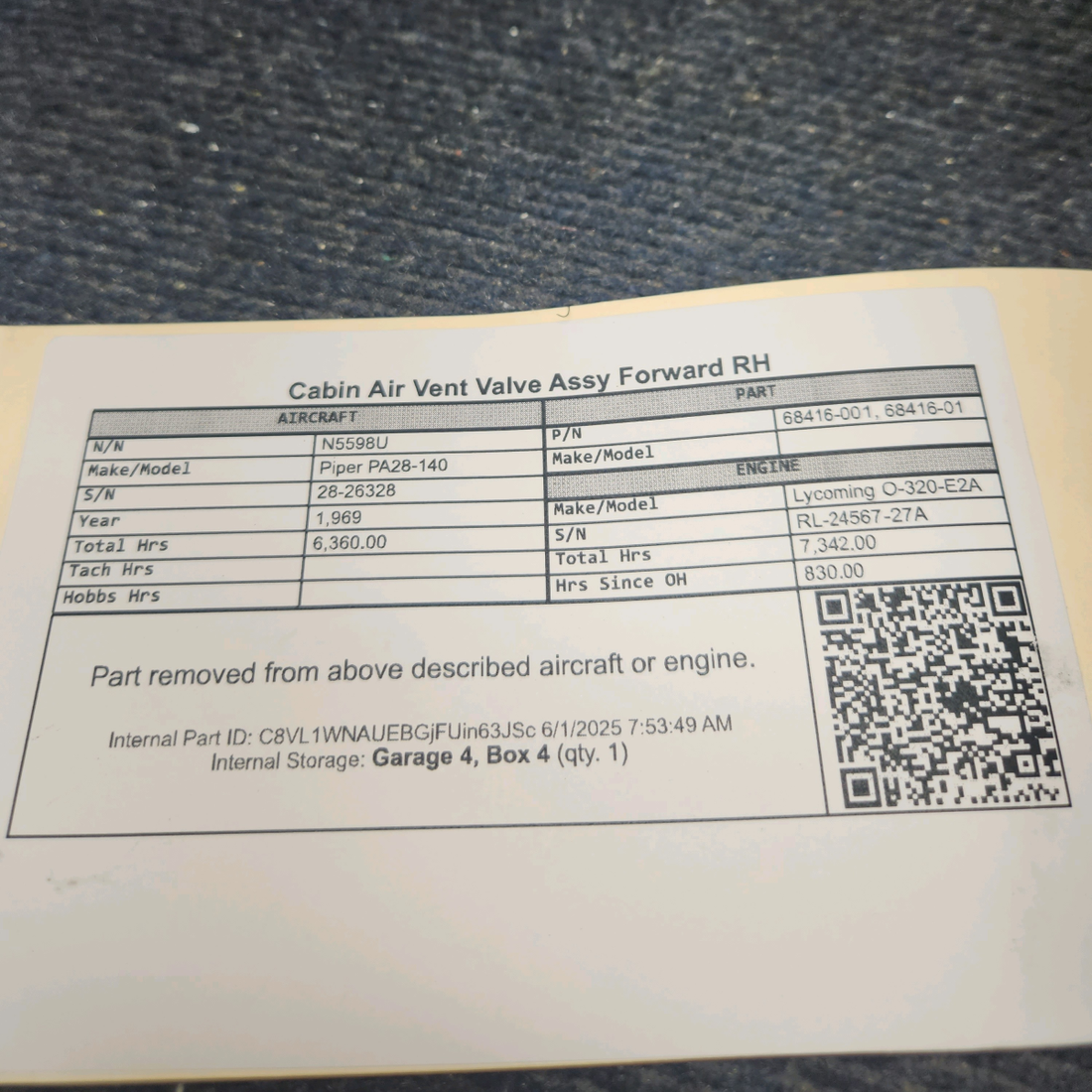 Used aircraft parts for sale, 68416-001 Piper PA28-140 Cabin Air Vent Valve Assy Forward RH