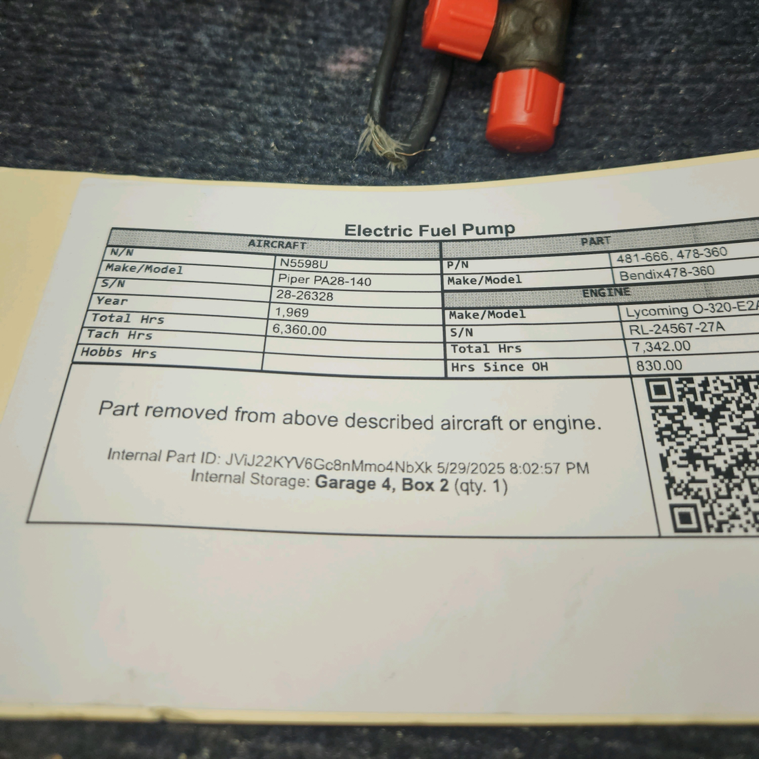 Used aircraft parts for sale, 481-666 Bendix 478-360 Piper PA28-140 Electric Fuel Pump