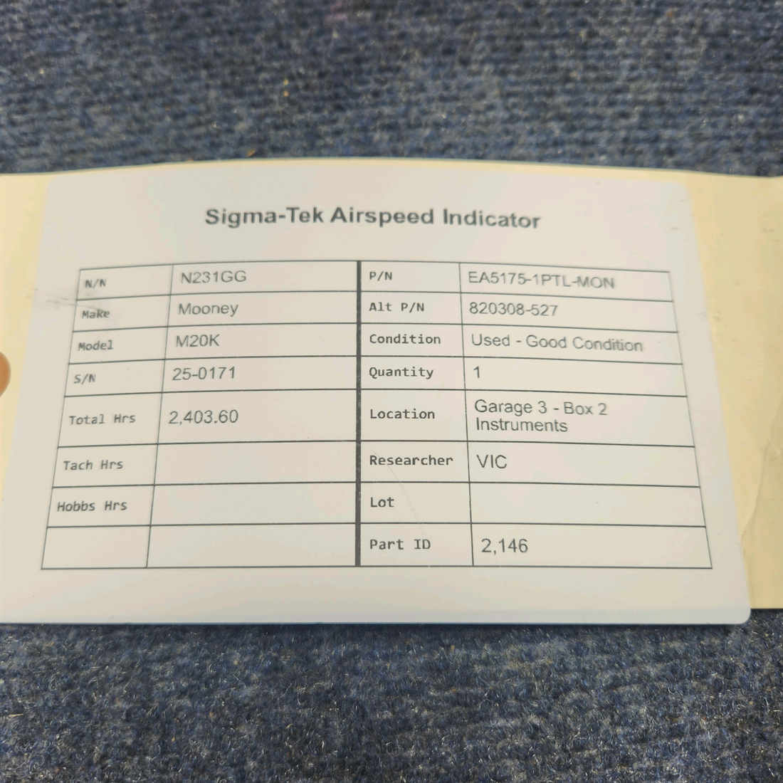 Used aircraft parts for sale, EA5175-1PTL-MON Sigma TEK Mooney M20K AIRSPEED INDICATOR