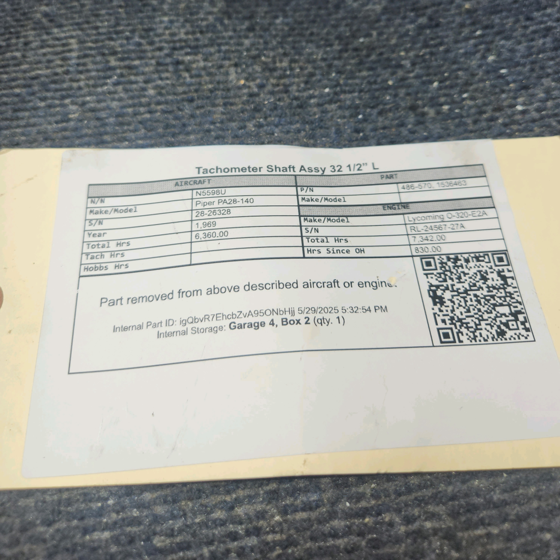 Used aircraft parts for sale, 486-570 Piper PA28-140 Tachometer Shaft Assy -  32 1/2”