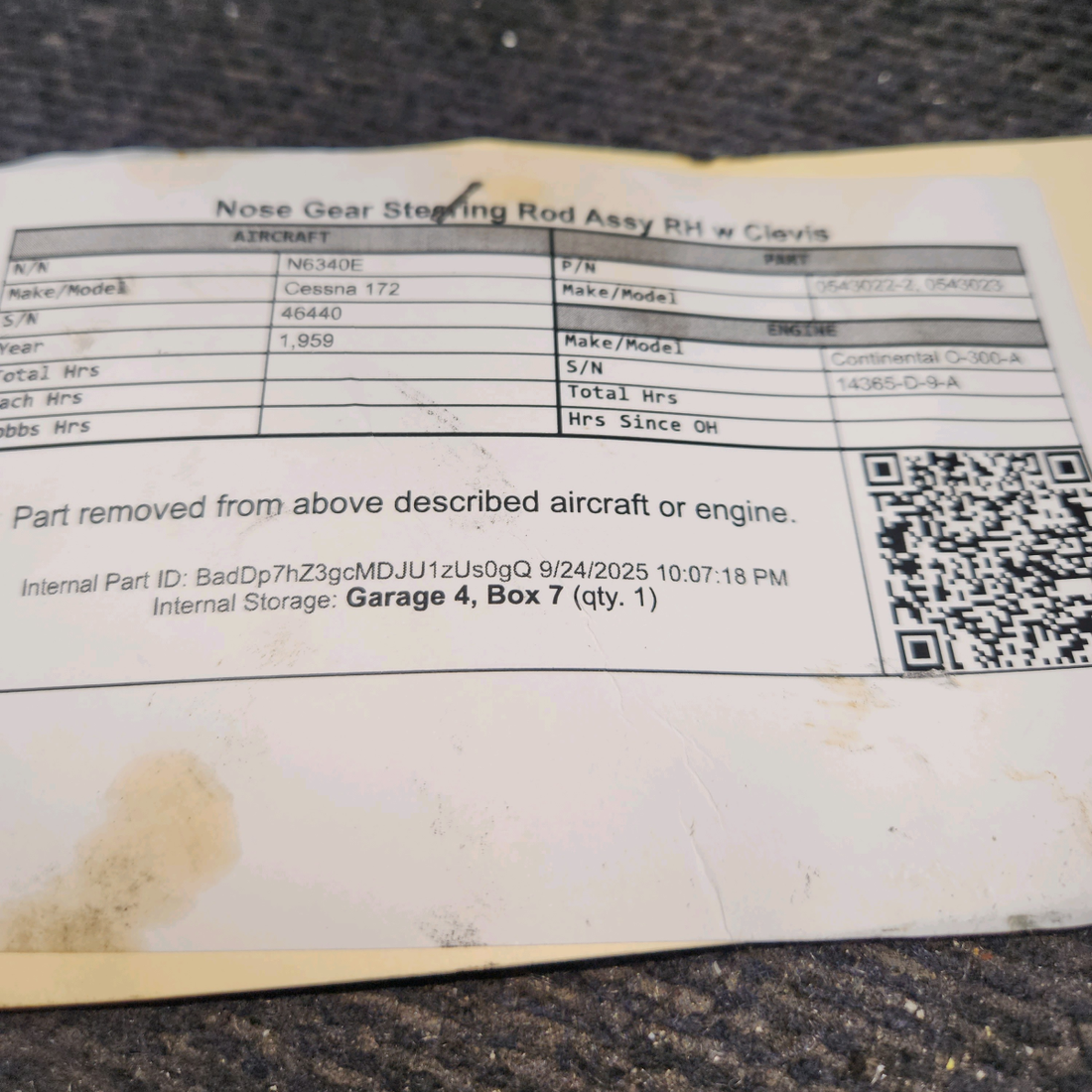 Used aircraft parts for sale, 0543022-2, 0543023 Cessna 172 Nose Gear Steering Rod Assy RH w Clevis
