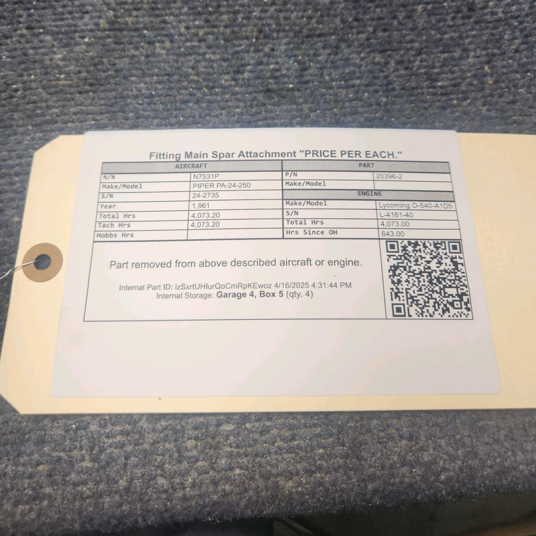 Used aircraft parts for sale, 20396-2 PIPER PA-24-250 Fitting Main Spar Attachment "PRICE PER EACH."