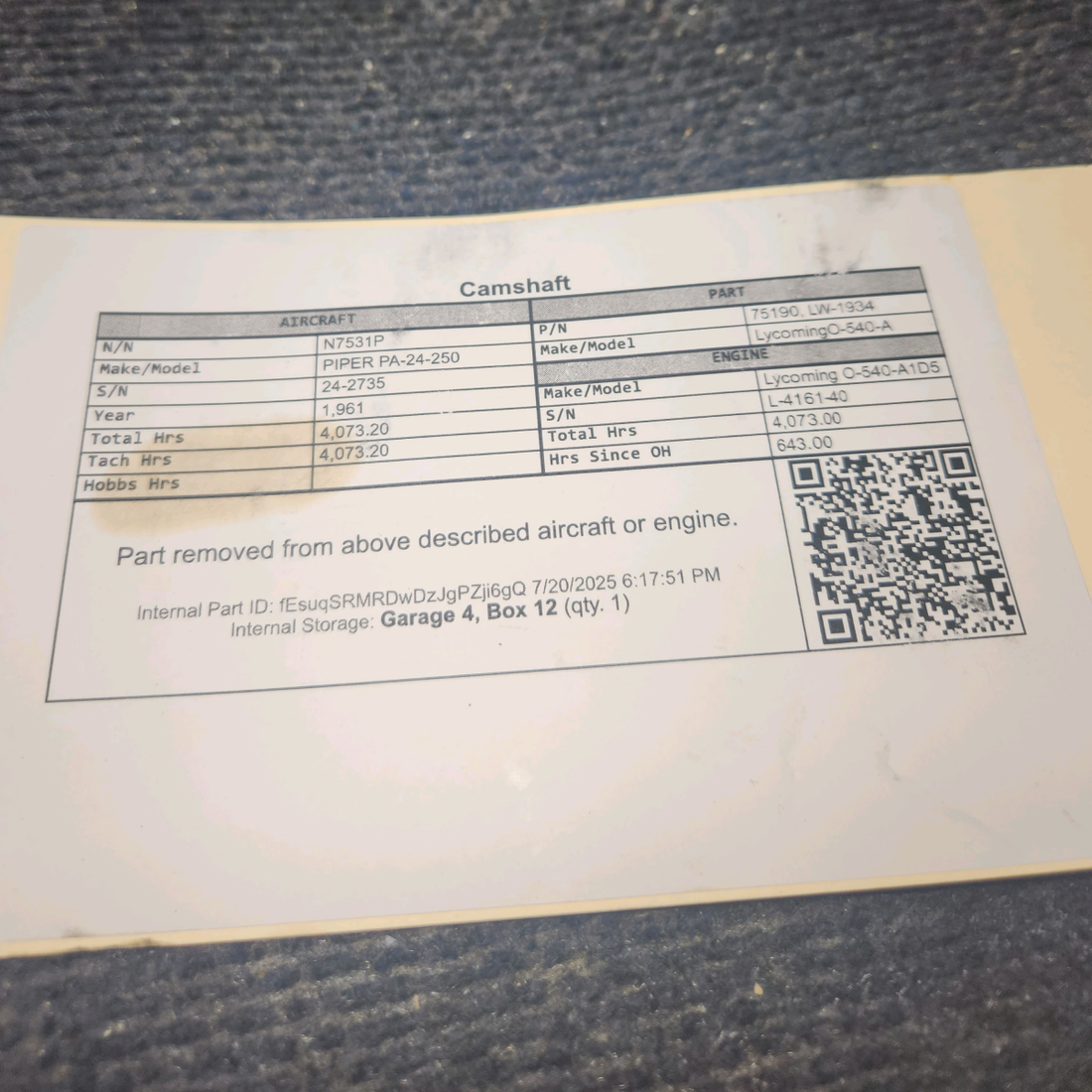 Used aircraft parts for sale, 75190 Lycoming O-540-A PIPER PA-24-250 Camshaft
