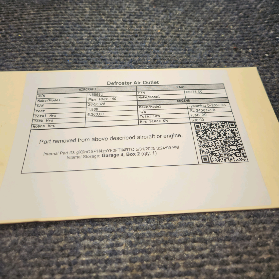 Used aircraft parts for sale, 69278-000 Piper PA28-140 Defroster Air Outlet