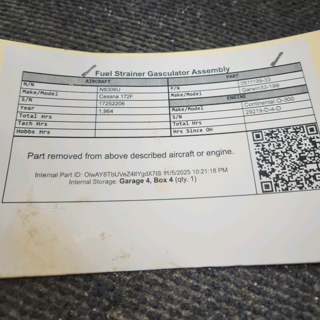 Used aircraft parts for sale, 0511199-33 Garwin 33-199 Cessna 172F Fuel Strainer - Gascolator Assembly