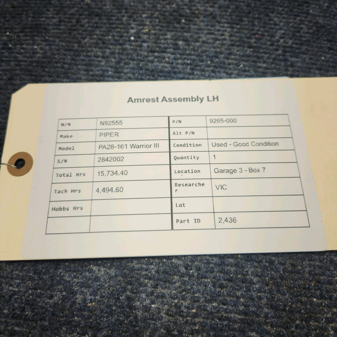 Used aircraft parts for sale, 9265-000 PIPER PA28-161 Warrior III AMREST ASSEMBLY LH