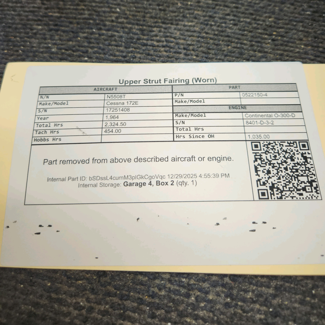 Used aircraft parts for sale, 0522150-4 Cessna 172E Upper Strut Fairing (Worn)