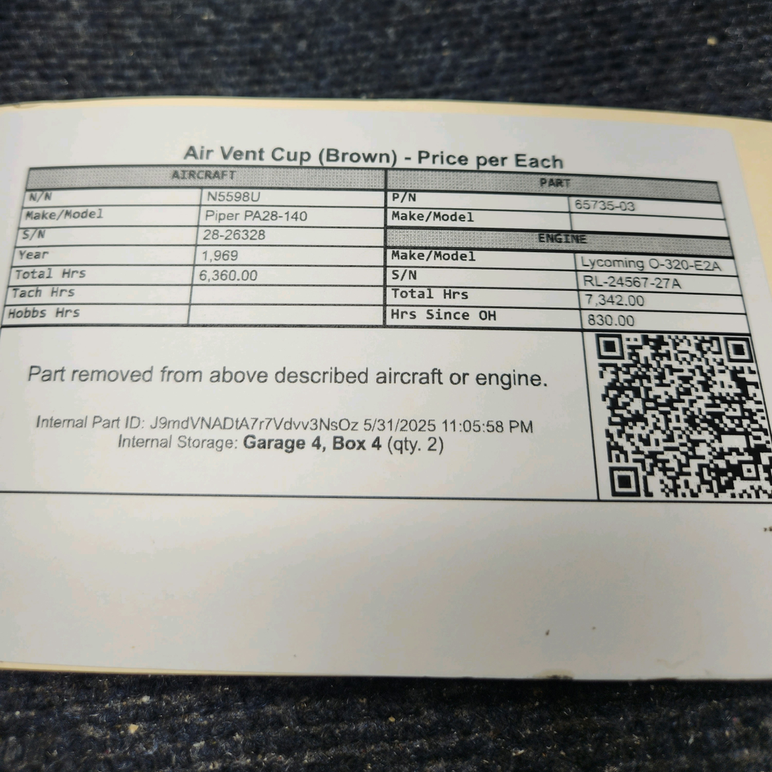 Used aircraft parts for sale, 65735-03 Piper PA28-140 Air Vent Cup (Brown) - Price per Each