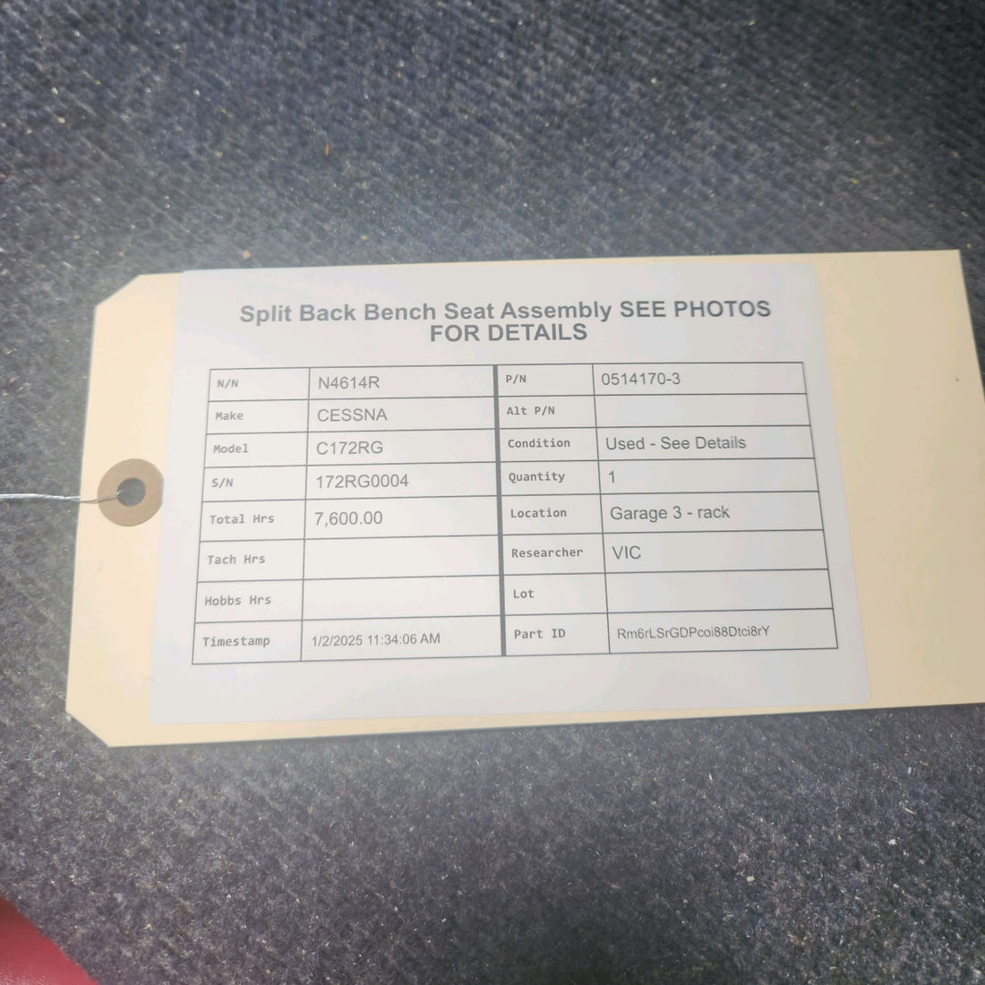 Used aircraft parts for sale, 0514170-3 CESSNA C172RG SPLIT BACK BENCH SEAT ASSEMBLY SEE PHOTOS FOR DETAILS