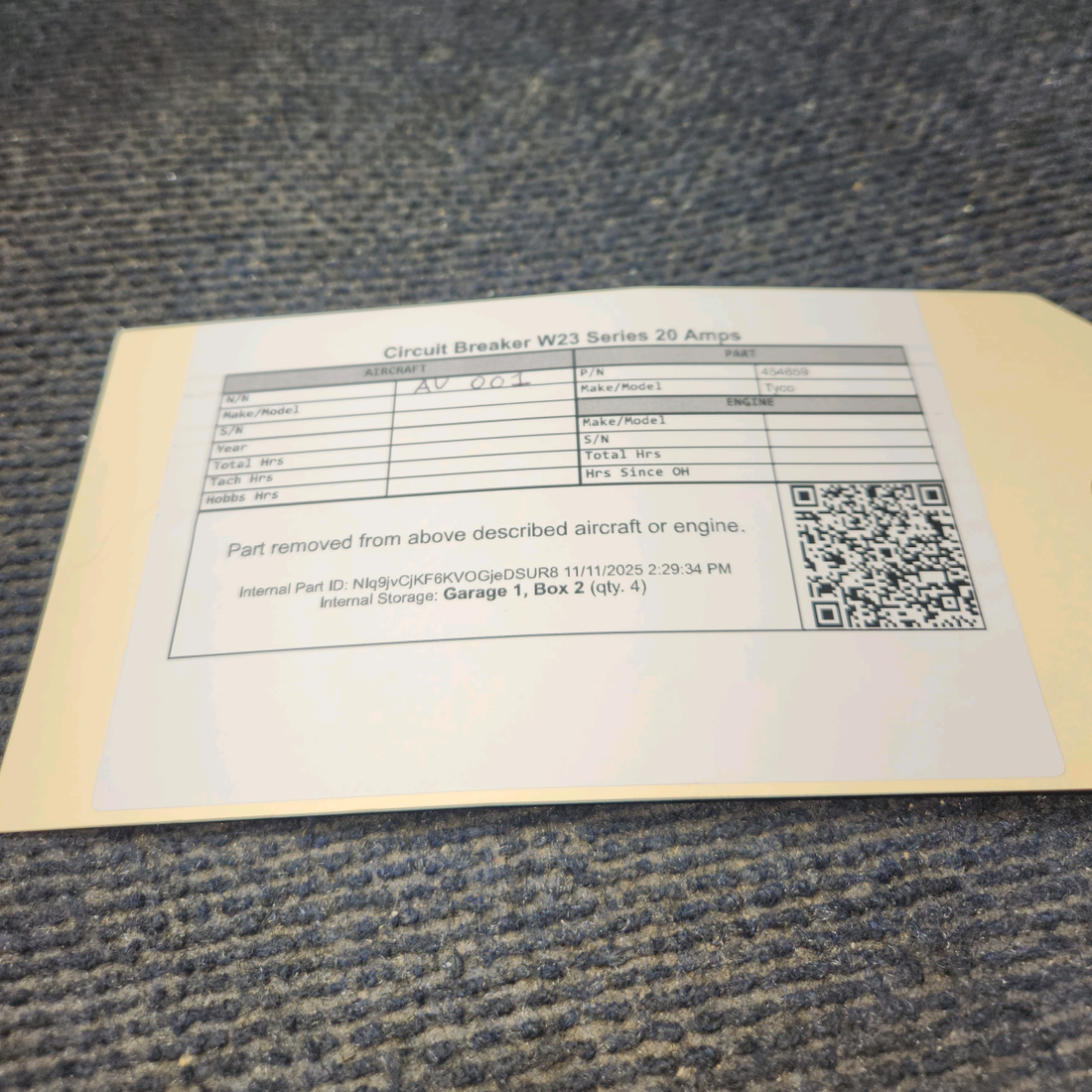 Used aircraft parts for sale, 454659 Tyco W23 Series Beechcraft F35 Circuit Breaker 20 Amps