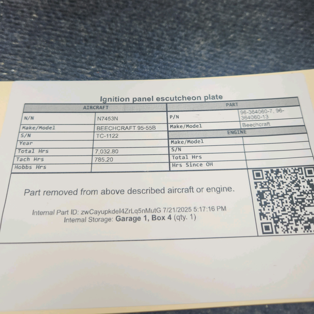 Used aircraft parts for sale, 96-364060-7 BEECHCRAFT 95-55B Ignition Panel Escutcheon Plate