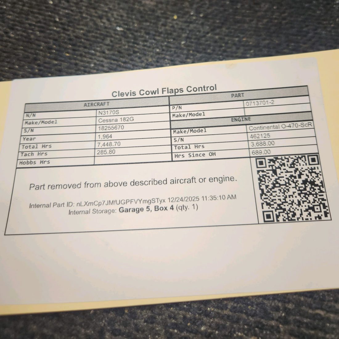 Used aircraft parts for sale, 0713701-2 Cessna 182G Clevis Cowl Flaps Control