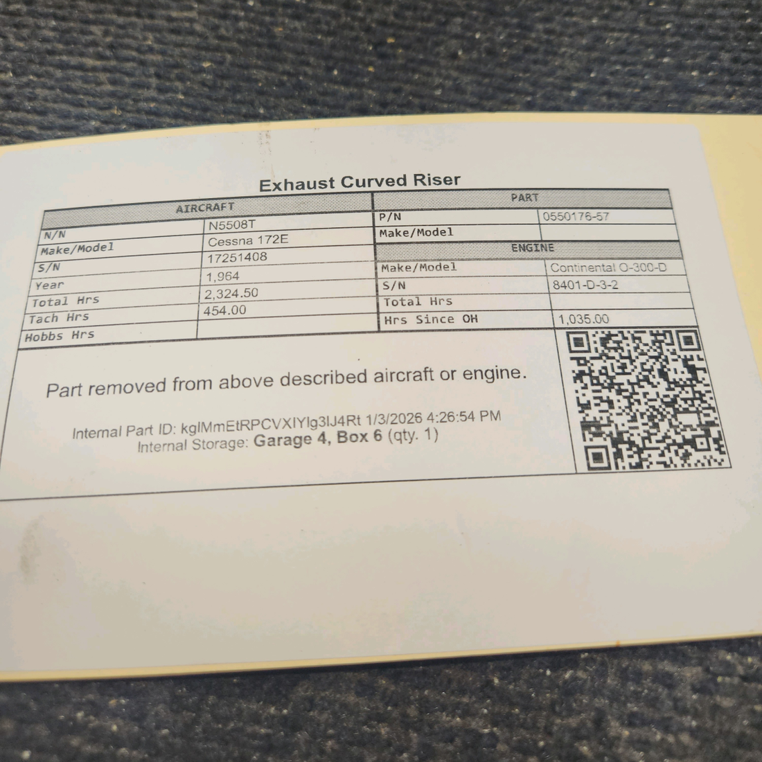 Used aircraft parts for sale, 0550176-57 Cessna 172E Exhaust Curved Riser