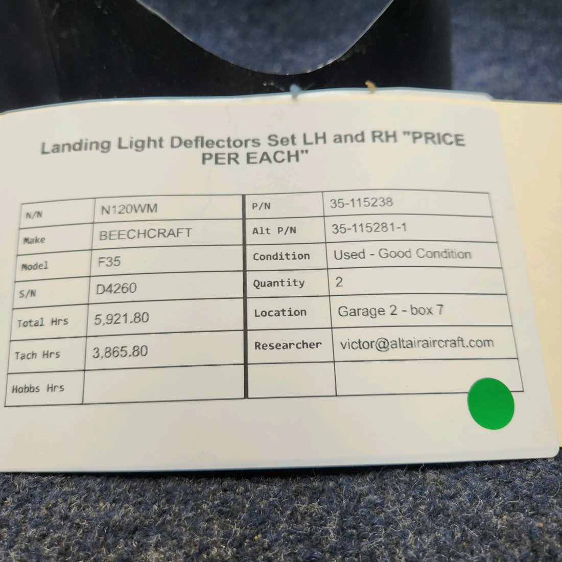 Used aircraft parts for sale, 35-115238 BEECHCRAFT F35 LANDING LIGHT DEFLECTORS SET LH AND RH "PRICE PER EACH"