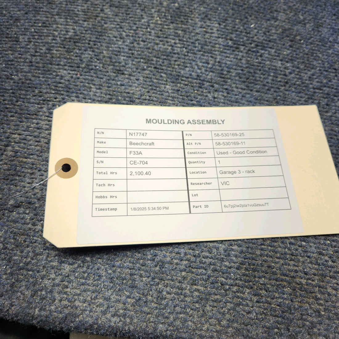 Used aircraft parts for sale, 58-530169-25 Beechcraft F33A MOULDING ASSEMBLY